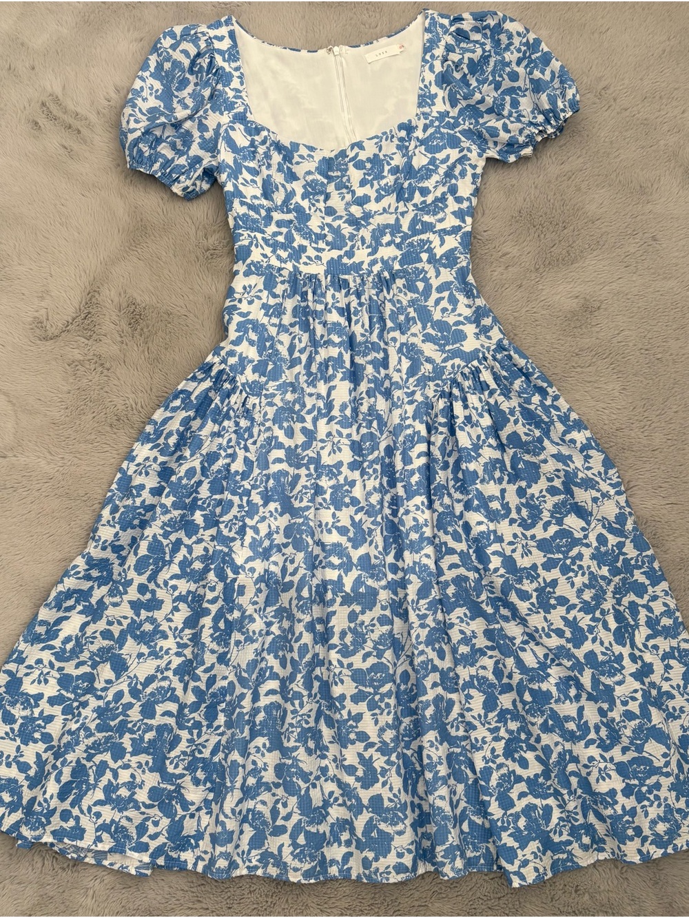 Lush Blue and White Floral Puff Sleeve Women’s Maxi Dress